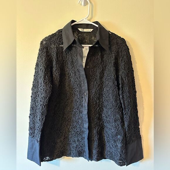 NWT Zara Black Floral Embroidered Long Sleeve Button Up Shirt/Blouse Size Small - Picture 5 of 8